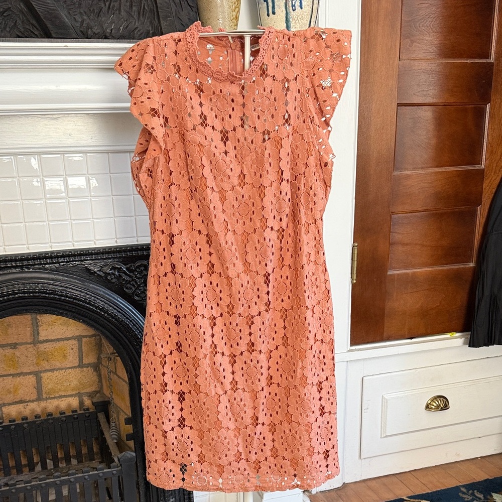 Cato Muted Coral Lace Flutter sleeve dress-NWOT